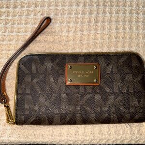 Michael Kors Dark Brown Wristlet with Gold Accents